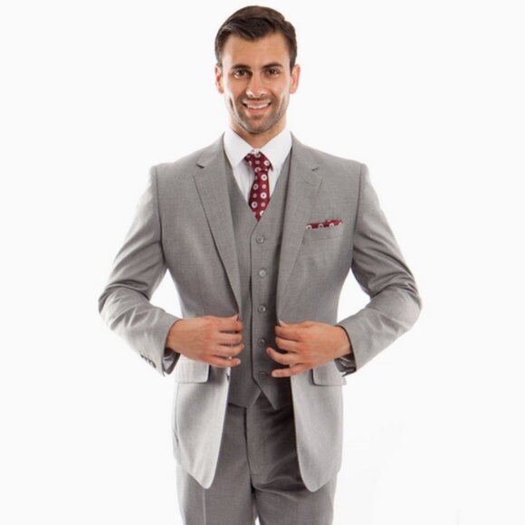 NWT Mens Suit Premium Wool 3pc Modern Fit w/ Vest, Gray 42L pants 36